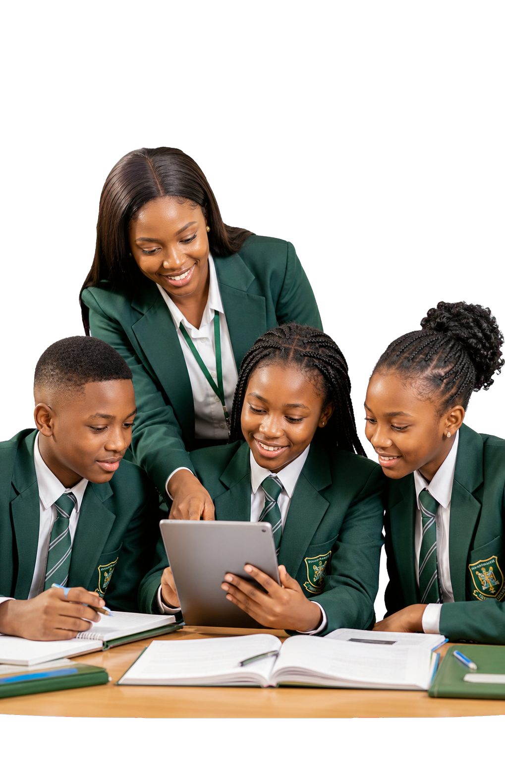 Students and a teacher reviewing school data together