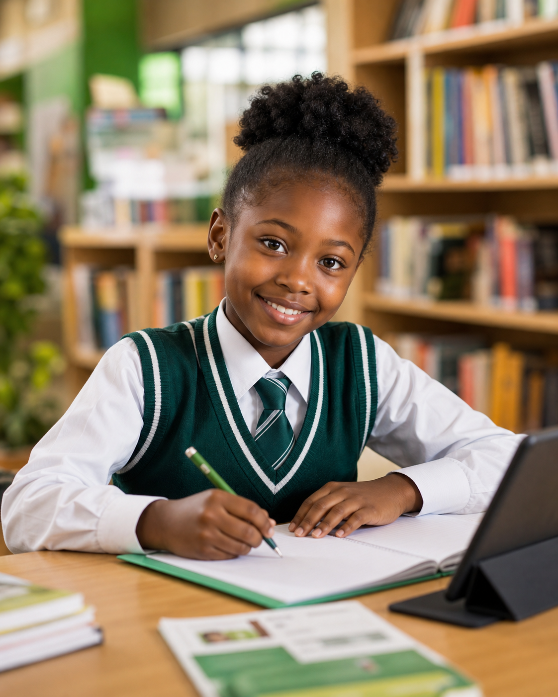 Student writing in a school library